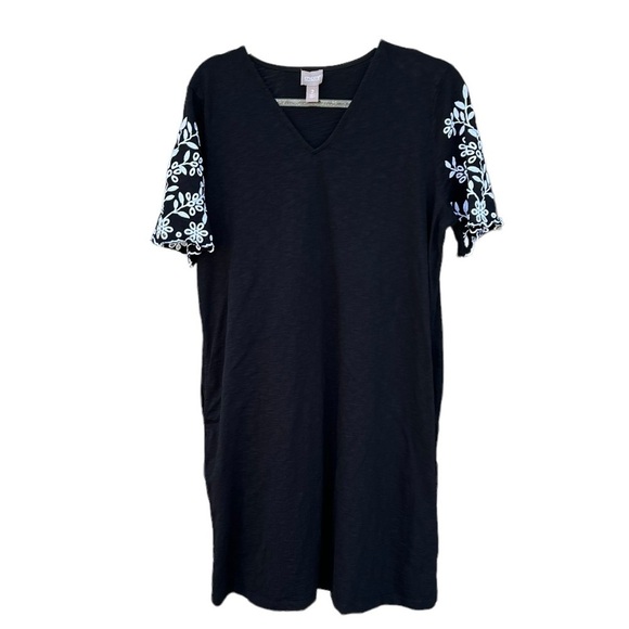 Chico’s Embroidered Lace Sleeve Black V-Neck Shift Dress Cotton Slub Pockets 12 - Picture 3 of 15
